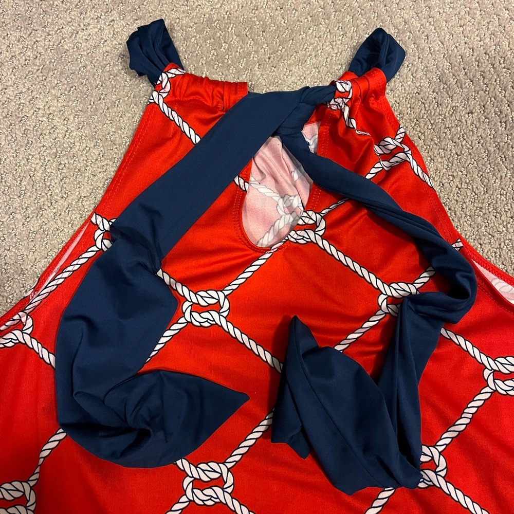Mudpie Natalie Bow Mini Dress Womens Medium 8-10 Red Rope Print Nautical Casual - Picture 8 of 10